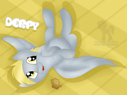 Size: 2000x1500 | Tagged: safe, derpy hooves, pegasus, pony, female, food, happy, mare, muffin, smiling, upside down