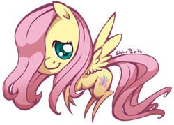 Size: 600x430 | Tagged: safe, artist:shinepawpony, fluttershy, pegasus, pony, chibi, looking at you, simple background, smiling, solo, transparent background