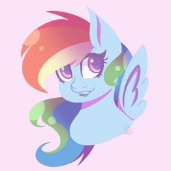 Size: 1024x1024 | Tagged: safe, artist:misskitkat2002, derpibooru import, rainbow dash, pegasus, pony, bust, female, mare, pink background, portrait, simple background, solo, spread wings, wings