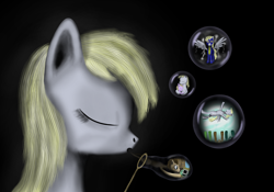 Size: 2000x1400 | Tagged: safe, artist:klystron2010, derpy hooves, dinky hooves, doctor whooves, pegasus, pony, black background, bubble, bubble wand, clothes, female, mare, simple background, wonderbolts uniform