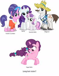 Size: 4152x5336 | Tagged: safe, cookie crumbles, hondo flanks, rarity, sugar belle, sweetie belle, pony, unicorn, absurd resolution, cookieflanks, image macro, meme, rarity's parents, separated at birth