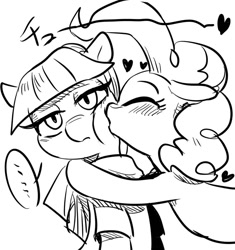 Size: 827x879 | Tagged: safe, artist:nekubi, maud pie, pinkie pie, earth pony, pony, grayscale, kissing, monochrome, simple background