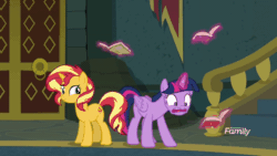 Size: 1000x562 | Tagged: safe, screencap, sunset shimmer, twilight sparkle, twilight sparkle (alicorn), alicorn, pony, unicorn, better together, equestria girls, forgotten friendship, animated, book, bookhorse, discovery family logo, duo, faic, hyperventilating, magic, telekinesis, that pony sure does love books