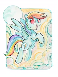 Size: 2692x3560 | Tagged: safe, artist:sararichard, artist:tonyfleecs, derpibooru import, rainbow dash, pegasus, pony, female, flying, happy, looking at you, mare, open mouth, solo