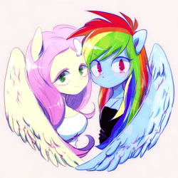 Size: 1000x1000 | Tagged: safe, artist:hacha, derpibooru import, fluttershy, rainbow dash, equestria girls, clothes, female, flutterdash, lesbian, looking at you, needs more brightness, ponied up, shipping, simple background, wings