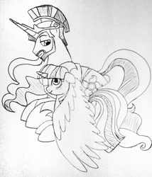 Size: 863x1008 | Tagged: safe, artist:unoriginai, prince solaris, princess celestia, twilight sparkle, twilight sparkle (alicorn), alicorn, pony, cute, half r63 shipping, rule 63, shipping, solartwi, traditional art, twilaris, twilestia