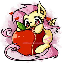 Size: 341x347 | Tagged: safe, artist:kikaru-studios, fluttershy, apple, cute, fangs, flutterbat, heart, nom, shyabates, shyabetes, simple background, smiling, solo, species swap, that pony sure does love apples, transparent background