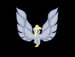 Size: 1600x1200 | Tagged: safe, artist:drewq123, derpy hooves, pegasus, pony, epic derpy, female, food, logo parody, mare, muffin, solo, wings