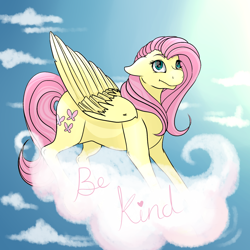 Size: 3000x3000 | Tagged: safe, artist:dozymouse, fluttershy, pegasus, pony, cloud, cloudy, floppy ears, kindness, mouthpiece, positive ponies, smiling, solo