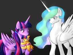 Size: 1024x774 | Tagged: safe, artist:butterfingas, artist:kianamai, artist:mrs89fluffy, princess celestia, twilight sparkle, twilight sparkle (alicorn), oc, oc:starburst, alicorn, pony, bound wings, colored, female, filly, floppy ears, gradient background, kilalaverse, mare, next generation, offspring, parent:flash sentry, parent:twilight sparkle, parents:flashlight, ribbon, scared, simple background, smiling, wide eyes