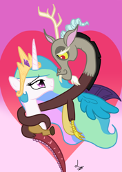 Size: 1024x1444 | Tagged: safe, artist:princesslovelypony, discord, princess celestia, alicorn, pony, dislestia, female, heart, hearts and hooves day, male, shipping, straight