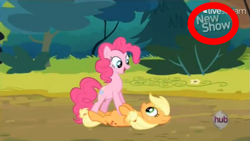 Size: 579x327 | Tagged: safe, applejack, pinkie pie, earth pony, pony, pinkie apple pie, hub logo, hubble, the hub