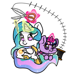 Size: 1000x1000 | Tagged: safe, artist:princess-ni-ni, princess celestia, twilight sparkle, alicorn, pony, magic, mouth hold, needle, scissors, simple background, telekinesis, thread