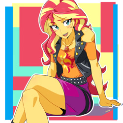 Size: 2550x2550 | Tagged: safe, artist:rustyartist, sunset shimmer, human, better together, equestria girls, abstract background, anime, blushing, crossed legs, cute, female, geode of empathy, high res, jewelry, looking at you, magical geodes, necklace, open mouth, shimmerbetes, solo