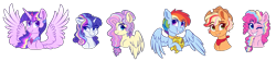 Size: 2535x563 | Tagged: safe, artist:saphi-boo, derpibooru import, applejack, fluttershy, pinkie pie, rainbow dash, rarity, twilight sparkle, twilight sparkle (alicorn), alicorn, earth pony, pegasus, pony, unicorn, alternate hairstyle, hat, mane six, simple background, transparent background