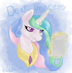 Size: 1653x1685 | Tagged: safe, artist:wildheart-wolfsong, princess celestia, alicorn, pony, bust, dear princess celestia, glowing horn, letter, magic, scroll, signature, solo, telekinesis, text