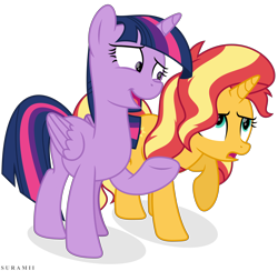 Size: 6000x5863 | Tagged: safe, artist:suramii, sunset shimmer, twilight sparkle, twilight sparkle (alicorn), alicorn, pony, unicorn, better together, equestria girls, forgotten friendship, absurd resolution, duo, simple background, transparent background, vector