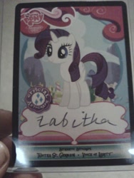 Size: 1536x2048 | Tagged: safe, rarity, pony, unicorn, female, horn, mare, tabitha st. germain, trading card, white coat