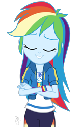 Size: 1000x1550 | Tagged: safe, artist:ilaria122, derpibooru import, rainbow dash, equestria girls, equestria girls series, rollercoaster of friendship, clothes, crossed arms, cute, eyes closed, geode of super speed, magical geodes, pants, shirt, simple background, smiling, t-shirt, transparent background, wristband