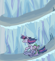 Size: 1279x1432 | Tagged: safe, artist:twistydoo, derpibooru import, spike, twilight sparkle, unicorn twilight, dragon, pony, unicorn, the crystal empire, duo, female, gravity, king sombra's stair dimension, male, mare, scene interpretation, slide, sliding, stairs