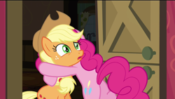 Size: 1920x1080 | Tagged: safe, screencap, applejack, pinkie pie, earth pony, pony, pinkie apple pie, female, hug, mare, nervous, plot