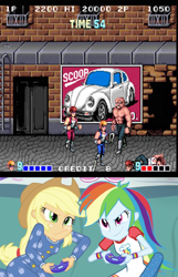 Size: 600x931 | Tagged: safe, derpibooru import, applejack, rainbow dash, equestria girls, applejack and rainbow dash playing, double dragon, exploitable meme, meme, video game