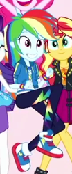 Size: 161x387 | Tagged: safe, derpibooru import, pinkie pie, rainbow dash, rarity, sunset shimmer, better together, equestria girls, so much more to me, clothes, converse, cropped, female, geode of super speed, jacket, magical geodes, offscreen character, pants, shoes, smiling, sneakers