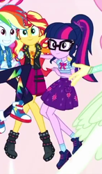 Size: 286x488 | Tagged: safe, derpibooru import, screencap, rainbow dash, sci-twi, sunset shimmer, twilight sparkle, better together, equestria girls, so much more to me, boots, clothes, converse, cropped, geode of empathy, geode of super speed, geode of telekinesis, glasses, jacket, looking at you, magical geodes, ponytail, shipping fuel, shoes, skirt, smiling, sneakers, socks