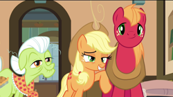 Size: 1920x1080 | Tagged: safe, edit, screencap, applejack, big macintosh, granny smith, earth pony, pony, pinkie apple pie, apple family traffic light, bedroom eyes, male, out of context, stallion