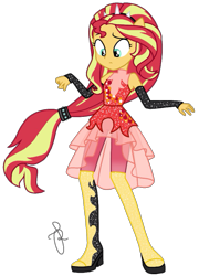 Size: 1477x2048 | Tagged: safe, artist:ilaria122, sunset shimmer, better together, equestria girls, forgotten friendship, boots, clothes, evening gloves, female, gloves, high heel boots, long gloves, ponied up, shoes, signature, simple background, solo, transparent background