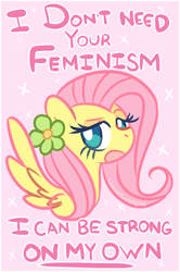 Size: 912x1371 | Tagged: safe, artist:unknownreas, fluttershy, pegasus, pony, anti-feminism, drama, feminism, flower, mouthpiece, solo