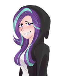 Size: 2000x2500 | Tagged: safe, artist:rmariansj, starlight glimmer, human, clothes, female, hoodie, humanized, shirt, simple background, smiling, smirk, solo, teeth, white background