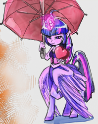 Size: 2381x3000 | Tagged: safe, artist:fyre-flies, derpibooru import, twilight sparkle, twilight sparkle (alicorn), alicorn, centaur, belly button, blushing, clothes, heart, solo, umbrella