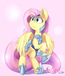 Size: 2125x2500 | Tagged: safe, artist:dshou, fluttershy, pegasus, pony, abstract background, armor, crystal guard armor, cute, female, helmet, long tail, mare, rearing, shyabetes, simple background, solo, spread wings, wavy mouth, wings