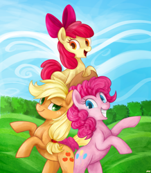 Size: 1599x1834 | Tagged: safe, artist:mn27, apple bloom, applejack, pinkie pie, earth pony, pony, pinkie apple pie, colored pupils, cousins, family, pony pyramid, rearing, sisters, trio