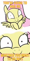 Size: 500x1000 | Tagged: safe, fluttershy, pegasus, pony, c:, hape, image macro, looking at you, meme, smiling, solo, whether you like it or not, wide eyes