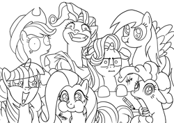 Size: 4960x3507 | Tagged: safe, artist:rambon7, applejack, derpy hooves, fluttershy, pinkie pie, rarity, starlight glimmer, twilight sparkle, twilight sparkle (alicorn), alicorn, earth pony, pegasus, pony, unicorn, black and white, faic, female, grayscale, gritted teeth, happy, i mean i see, ink drawing, inktober, lineart, mare, monochrome, pencil, puffy cheeks, scrunchy face, shrunken pupils, signature, sparkly eyes, traditional art