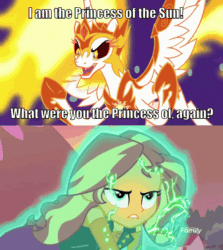 Size: 600x673 | Tagged: safe, screencap, daybreaker, sunset shimmer, a royal problem, equestria girls, equestria girls series, forgotten friendship, angry, angry eyes, animated, clothes, discovery family logo, female, hela, image macro, jacket, magic, meme, solo, sparks, thor, thor: ragnarok
