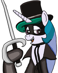 Size: 576x720 | Tagged: safe, artist:saburodaimando, princess celestia, alicorn, pony, bedroom eyes, cape, clothes, hat, hoof hold, looking at you, mask, open mouth, rapier, smiling, solo, sword, top hat, weapon, zorro