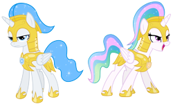 Size: 6000x3600 | Tagged: safe, artist:magister39, princess celestia, oc, oc:white flare, alicorn, pony, absurd resolution, alicorn oc, armor, frown, glare, guardsmare, open mouth, royal guard, serious face, simple background, smirk, transparent background, vector