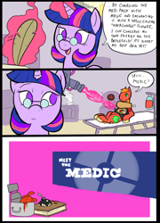 Size: 697x967 | Tagged: safe, artist:metal-kitty, derpibooru import, big macintosh, twilight sparkle, twilight sparkle (alicorn), alicorn, pony, comic:meet the twimedic, blood, bombinomicon, comic, crossover, female, glasses, heavy, heavy mac, mare, medic, meet the medic, team fortress 2, twi medic