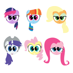 Size: 1000x1000 | Tagged: safe, artist:mashmoll, derpibooru import, applejack, fluttershy, pinkie pie, rainbow dash, rarity, twilight sparkle, earth pony, pegasus, pony, unicorn, hilarious in hindsight, mane six, mane swap, manebow sparkle, palette swap