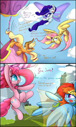 Size: 2400x4000 | Tagged: safe, artist:madacon, derpibooru import, applejack, fluttershy, pinkie pie, rainbow dash, rarity, earth pony, pegasus, pony, unicorn, belly button, comic, crazy awesome, flying contraption, glimmer wings, hot air balloon, pedalcopter, this will end in tears and/or death, twinkling balloon