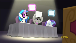 Size: 1280x720 | Tagged: safe, dj pon-3, octavia melody, rarity, vinyl scratch, earth pony, pony, unicorn, bloom and gloom, exploitable meme, meme, meme origin, music judges meme, vinyl and octavia are not impressed