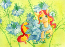 Size: 3547x2593 | Tagged: safe, artist:kelseyleah, sunset shimmer, unicorn, clothes, dress, female, flower, mare, solo, traditional art