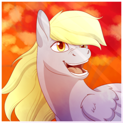 Size: 720x720 | Tagged: safe, artist:fizzgryphon, derpy hooves, pegasus, pony, crepuscular rays, female, mare, open mouth, solo