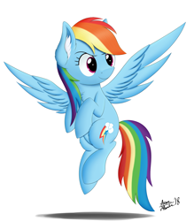 Size: 3500x4000 | Tagged: safe, artist:arcane-thunder, derpibooru import, rainbow dash, pegasus, pony, chest fluff, digital art, ear fluff, female, flying, mare, signature, simple background, smiling, solo, spread wings, white background, wings