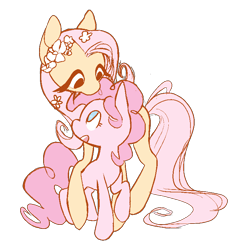 Size: 777x794 | Tagged: safe, artist:chop4, fluttershy, pinkie pie, earth pony, pegasus, pony, cute, diapinkes, eye contact, female, floral head wreath, flower, flower in hair, flutterpie, hug, lesbian, looking at each other, looking up, mare, missing cutie mark, open mouth, ponk, raised hoof, raised leg, shipping, simple background, size difference, smiling, transparent background