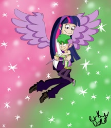 Size: 684x792 | Tagged: safe, artist:2-lettdodd, derpibooru import, spike, twilight sparkle, twilight sparkle (alicorn), alicorn, human, hug, humanized, spikelove, winged humanization