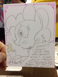 Size: 768x1024 | Tagged: safe, artist:andypriceart, pinkie pie, earth pony, pony, cupcake, monochrome, puffy cheeks, solo, traditional art